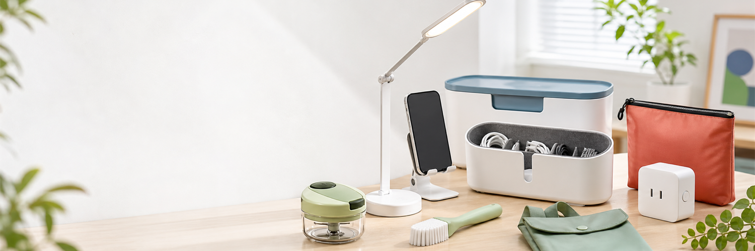 デスク上に並んだ収納用品、スマホスタンド、ライトなどの便利グッズ